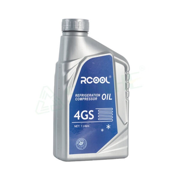 Silver bottle of refrigerant compressor oil labeled 4GS, designed for HVAC refrigeration systems, with a blue and white label and a silver cap.